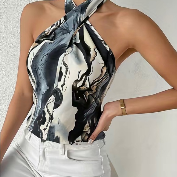 Marble Halter Top Gray Black White Summer Large - Picture 2 of 4